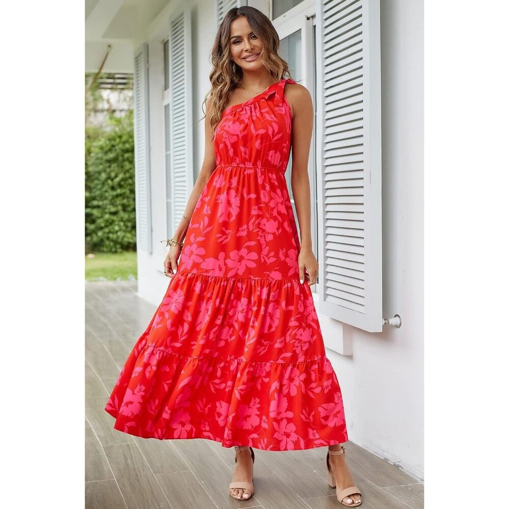 Womens 2024 Floral Knot One Shoulder Sleeveless Ruffle Boho Dress - Picture 5 of 9